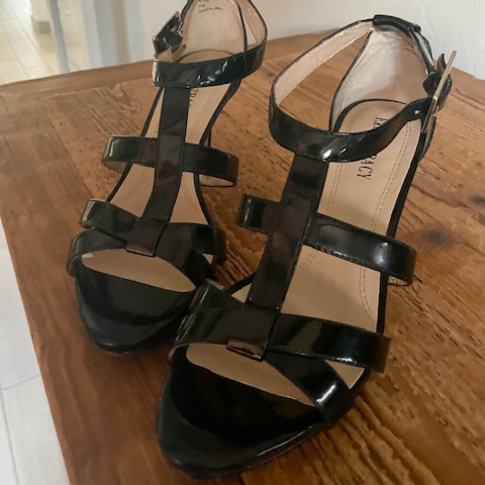 Black Patent Leather Strappy Heels with Silver Buckle Detail